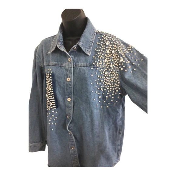 Beautiful denim crystal rhinestones studded‎ button down shirt size medium new - Picture 8 of 16